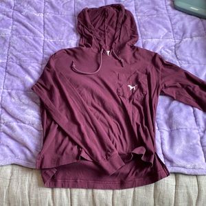 Plum colored pink super Leigh’s weight long sleeve shirt with hood